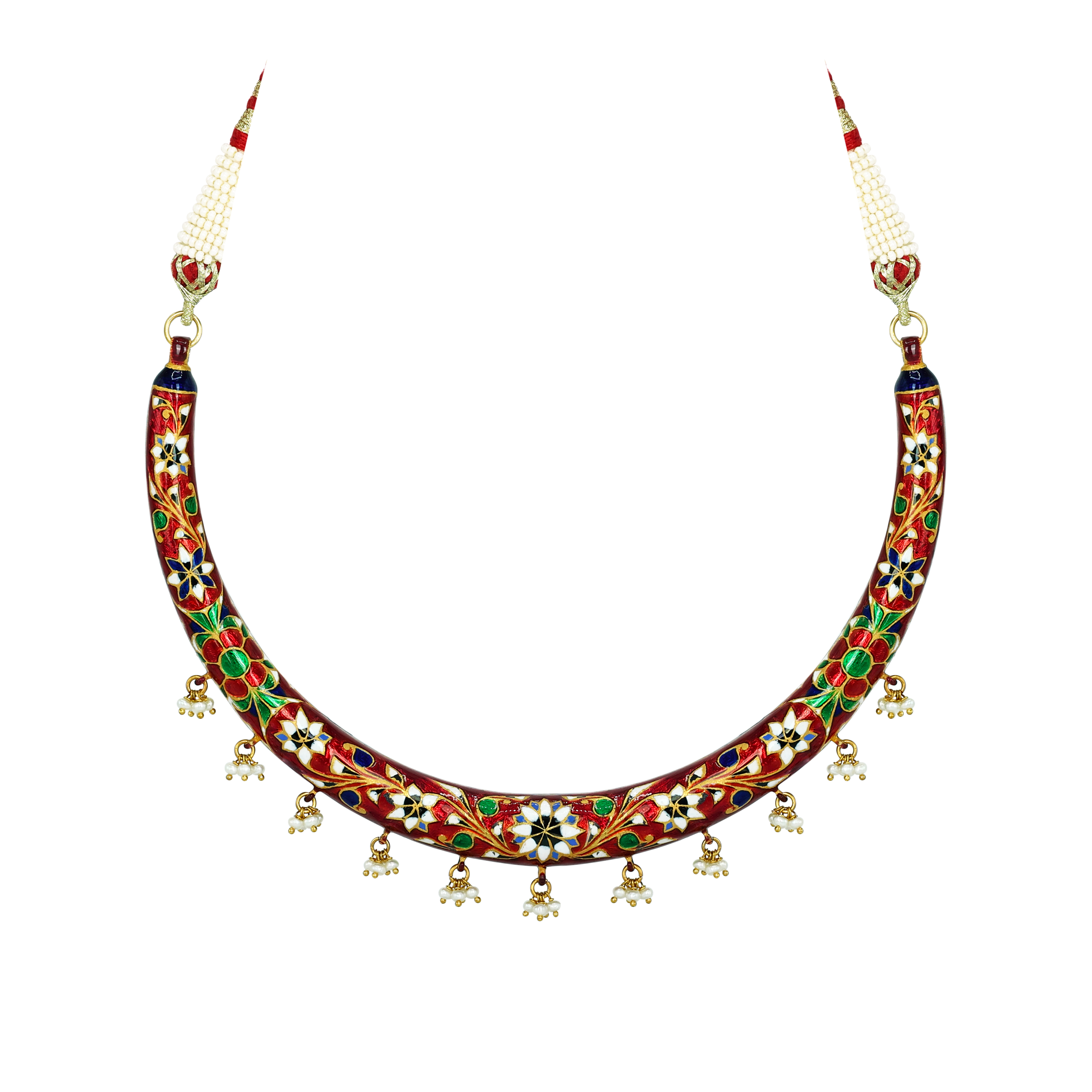 Polki Hasli Necklace Set with Red Enamel and Pearl Beads